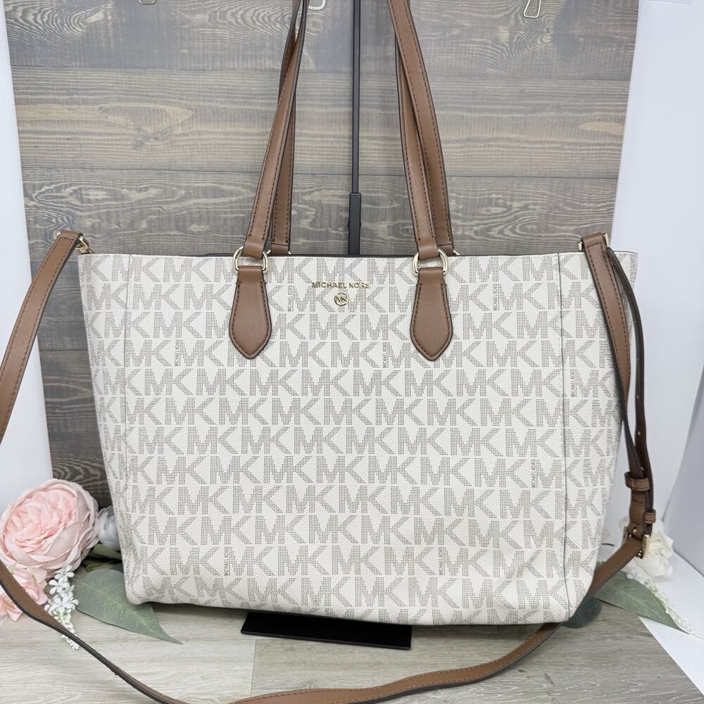 Michael Kors Large Monogram Tote Vanilla and Acorn Snap Out Pouches Crossbody